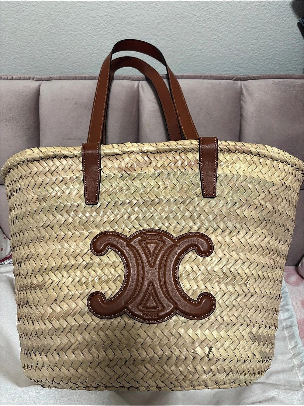 Celine Large Straw Classic Panier Triomphe Tote Beige & Brown